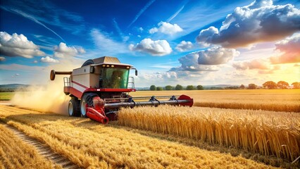 Agricultural machinery combines harvesting ripe wheat in a sunny field, wheat, combine harvester, agriculture, farming, crop