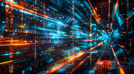 Aufkleber - A computer generated image of a city street with a bright blue sky. The street is filled with neon lights and the buildings are tall and colorful. Scene is futuristic and energetic.