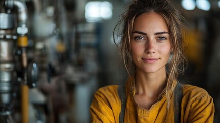 Wall Mural - An industrial woman engineer stands in a factory with her arms crossed.