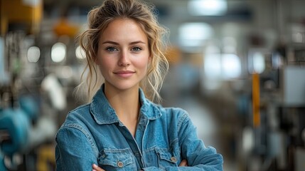 Poster - An industrial woman engineer stands in a factory with her arms crossed.