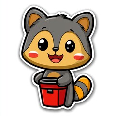 Sticker - Cute Raccoon Holding a Red Bucket Cartoon Character