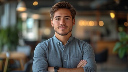 Poster - A young businessman stands indoors in an office, posing for a portrait.