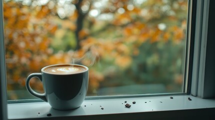 Poster - A cup of coffee sitting on a window sill with autumn leaves in the background, AI