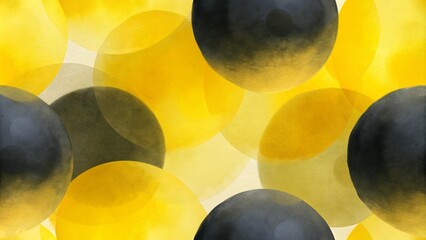 Watercolor black and yellow circles on white paper. Seamless repeating pattern for design.