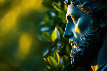 Close-up of an ancient Greek statue amidst lush green foliage, bathed in golden sunlight, symbolizing classical beauty and serenity.