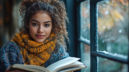 Wall Mural - A young female student sits on the window sill studying with a book.