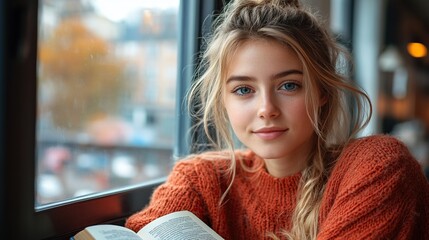 Wall Mural - A young female student sits on the window sill studying with a book.