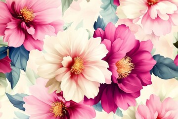 Wall Mural - Watercolor flowers background. A vibrant floral pattern featuring large blossoms in shades of pink, white, and purple on a soft background. Perfect for textile designs and spring themes.