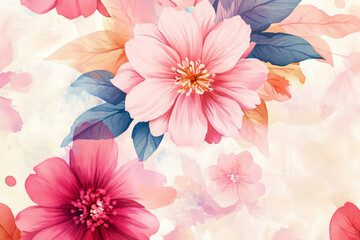 Wall Mural - Watercolor flowers background. A vibrant floral pattern featuring large blossoms in shades of pink, white, and purple on a soft background. Perfect for textile designs and spring themes.