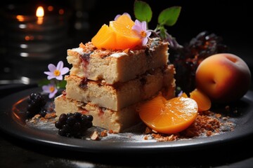 Delicious granite dessert with a peach slice, generative IA