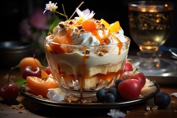 delicious granite dessert with peach, generative ia