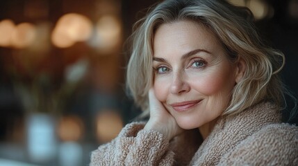 Wall Mural - A beautiful senior woman in a bathrobe applies natural face cream as part of her morning skincare routine in the bathroom.