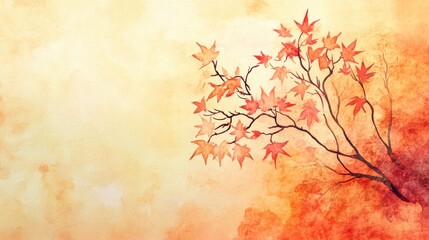 Poster - A painting of a tree with red leaves on it in the background, AI