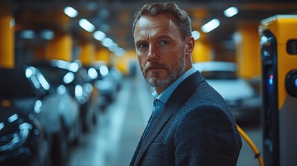 Canvas Print - At an electric vehicle charging station, a businessman is holding a power supply cable.