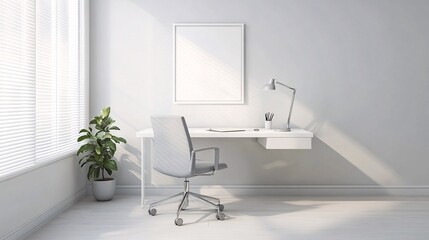 Minimalist office space, sleek white desk with a simple desk lamp, light grey ergonomic chair, clean wall with a single framed print, large window with sheer blinds, small potted plant on the desk,