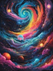 Wall Mural - Stunning illustration of a cosmic landscape with swirling galaxies and nebulae, glowing in the dark with colorful multicolor light, centered on a black background