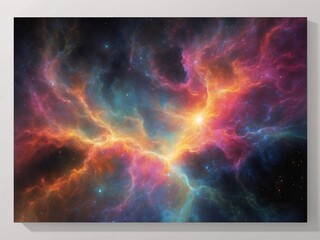 Wall Mural - Stunning illustration of a cosmic nebula with glowing stars and ethereal clouds, glowing in the dark with colorful multicolor light, centered on a black background