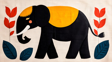 Wall Mural - Charming Black Elephant Illustration with Floral Accents for Home Decor and Textiles