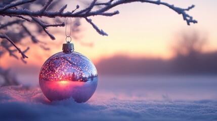 Wall Mural - A christmas ornament hanging from a tree in the snow, AI