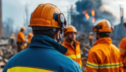 A group of firefighters in action, wearing helmets and uniforms, responding to a large fire with smoke and flames in the background.