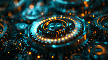 Close-up of the technological gear mechanism with gold shiny inserts. Reliable mechanism on a dark background. Abstract background.