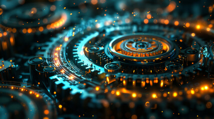 Fototapete - Close-up of the technological gear mechanism with gold shiny inserts. Reliable mechanism on a dark background. Abstract background.