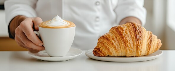 A woman enjoys a latte macchiato with a heart design and a delicious croissant, surrounded by an array of fresh pastries at a charming café