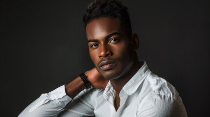 Wall Mural - Portrait of a young African American man against a dark background. Handsome man posing indoors. Style and fashion concept.