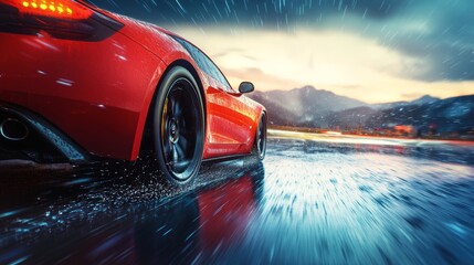 Bright sports car driving on a wet road