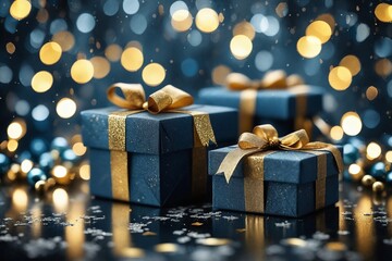 Wall Mural - Festive Gift Boxes on Shiny Surface with Bokeh Background