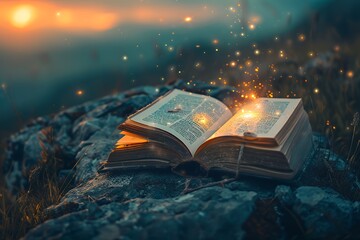 Wall Mural - An open book rests on a rock with golden sparkles floating in the air.