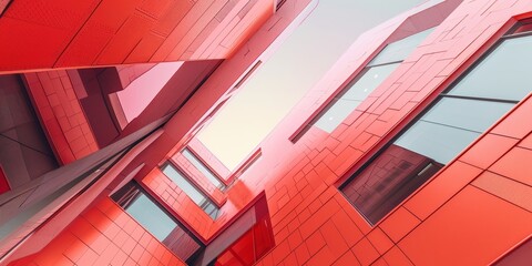 Sticker - Abstract architectural composition featuring vibrant red exteriors and angular design elements creating striking upward perspectives