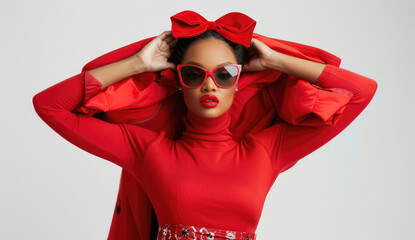 Wall Mural - A stylish woman in red attire and sunglasses, posing with her hands on the shoulders of an oversized jacket over the top of her head, against a white background.