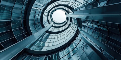 Abstract view of modern spiral architecture reaching skyward in an urban setting