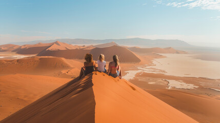 Wall Mural - Group of three female friends sitting on a huge sand dune - Travel and tourist concept - Models by AI generative - Soft focus on the women back