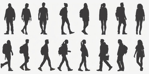 Set of unrecognizable silhouettes of people in various poses against a white background