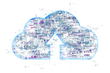 Poster - Digital cloud symbol with an upward arrow, filled with virtual data icons and holographic elements, on a white background. Concept of cloud computing and data storage. 3D Rendering.