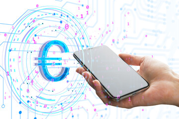 Wall Mural - Digital Euro symbol with smartphone in hand surrounded by binary code, cyber style on a white background. Concept of digital currency