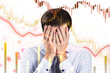 © Who is Danny - A man holds his face in frustration in front of a stock market graph showing declining trends on a white background, signifying financial distress