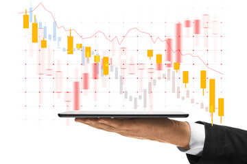 Canvas Print - Businessman holding a tablet with financial stock market graph and candlestick chart, concept of analyzing data and finance, white background, modern design