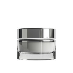 Elegant clear glass cosmetic jar with silver lid on transparent background

