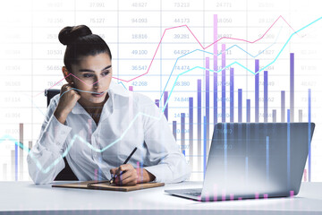 Canvas Print - Businesswoman analyzing data with digital graph overlays. White background. Concept of data analysis and business intelligence