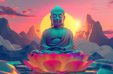 Wall Mural - A Buddha sitting on a lotus flower with the sun setting behind him, mountains in the background, and a colorful sky