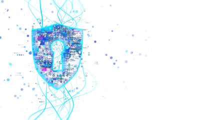 Leinwandbilder - A digital shield with a keyhole is enveloped by virtual data streams on a white backdrop. Concept of cybersecurity. 3D Rendering