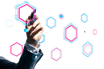 Poster - Hand interacting with holographic data security icons, including a lock, robot, and shield, on a white background, depicting cybersecurity concepts