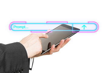 Poster - Hands holding a tablet with a neon search bar overlay. white background. Concept of digital interface and modern technology