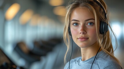 Wall Mural - A woman in mid-adulthood, who is overweight, is exercising on a treadmill at the gym while wearing headphones.