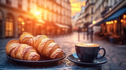 Croissant and coffee on outdoor table in Paris at sunrise