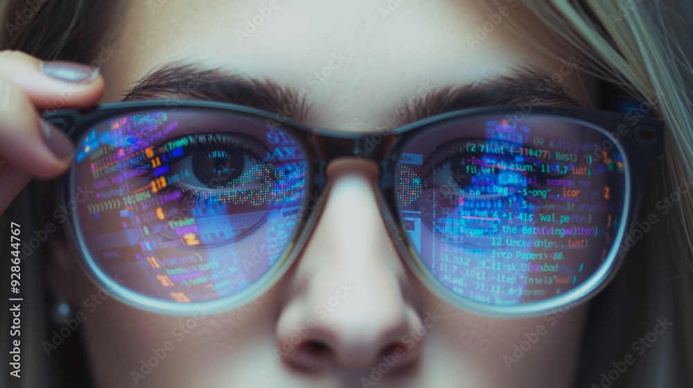 A person wearing smart glasses with glowing data overlays on the lenses ...