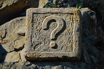 A question mark icon carved into an ancient stone tablet, symbolizing ancient mysteries or lost knowledge. 